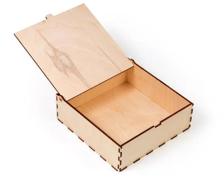 Rectangular wooden box with open lid on a white background Stock Photos