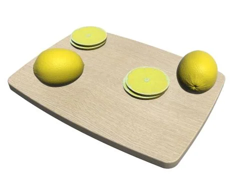 Rectangular wooden cutting board with whole and sliced lemon, 3d illustration Stock Illustration