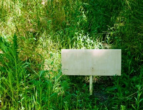 Rectangular wooden plate stands in green grass on nature Stock Photos