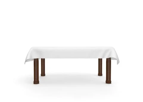 A rectangular wooden table with a white tablecloth. There is room for Your de Stock Illustration