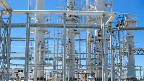 Rectification columns of the oil refinery. Stock Photos