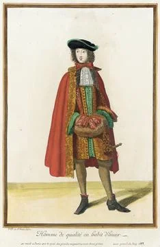 Recueil des modes de la cour de France, 'Homme de qualit en habit d'hiuer'... Illustrazione stock