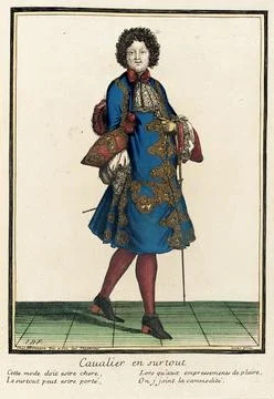 Recueil des modes de la cour de France, 'Cavalier en surtout'. Henri Bonnar.. Stock Illustration