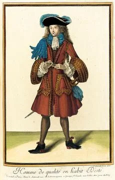 Recueil des modes de la cour de France, 'Homme de qualit en habit D'est'. N.. Illustrazione stock