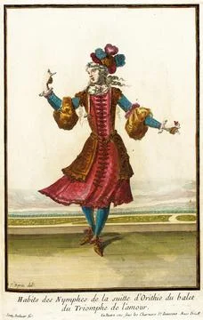 Recueil des modes de la cour de France, 'Habits des Nymphes de la Suitte d'.. Stockillustratie
