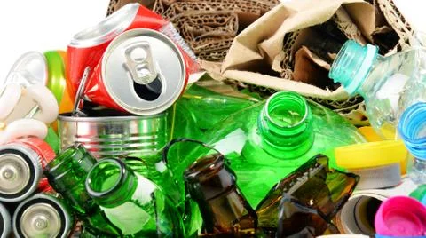 Recyclable garbage consisting of glass, plastic, metal and paper. Stock Photos
