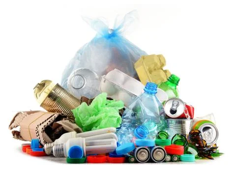 Recyclable garbage consisting of glass, plastic, metal and paper. Stock Photos