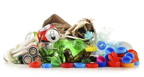 Recyclable garbage consisting of glass, plastic, metal and paper isolated on Fotos Stock