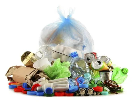 Recyclable garbage consisting of glass, plastic, metal and paper isolated on Fotos Stock