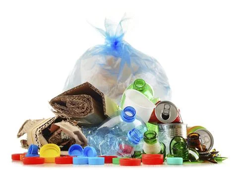 Recyclable garbage consisting of glass, plastic, metal and paper isolated on Fotos Stock