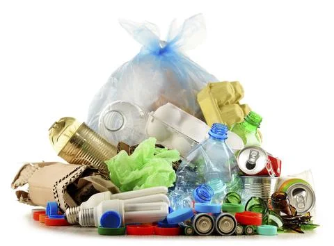 Recyclable garbage consisting of glass, plastic, metal and paper isolated on Fotos Stock