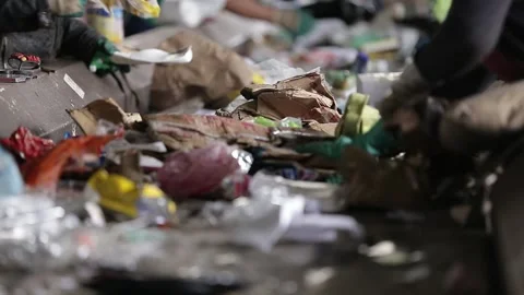 Recyclable waste sorting, close-up on hands, in Vila Prudente, São Paulo Stock Footage 317589589