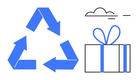 Recycle arrows triangle next to a gift box with bow near a simplistic cloud o Illustrazione stock