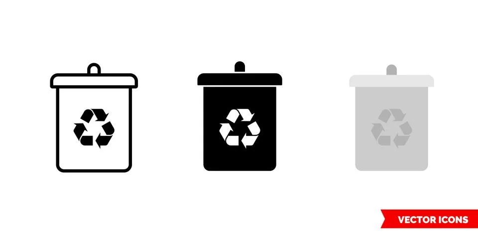 Recycle bin icon of 3 types color, black and white, outline. Isolated vector Illustrazione stock