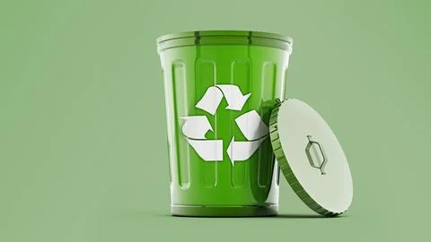 Recycle bin isolated on green background. 3D illustration Ilustração Stock