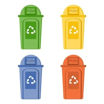 Recycle bin. Trash basket. Red, blue, yellow and green waste sorting baskets. Stock Illustration