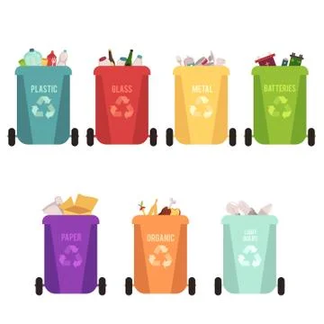 Recycle bins and garbage types, separation of waste on containers for recycling. Illustrazione stock