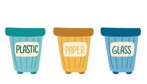 Recycle bins. Garbage cans with sorted garbage set. Waste sorting. Plastic, g Stock Illustration
