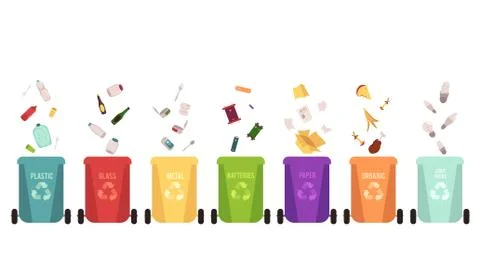 Recycle bins set and falling garbage types, separation of waste on different Illustrazione stock