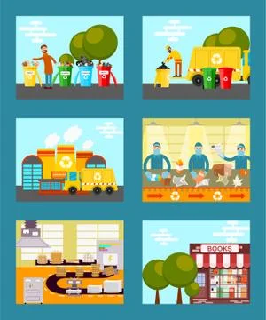 Recycle garbage, save ecology concept cards vector illustration. People throwing Ilustración de archivo