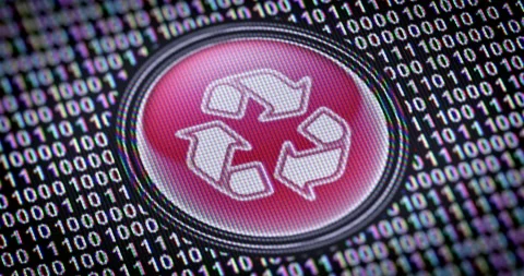 Recycle icon. Binary code ( array of bits ) in the screen. Looping footage Stock Footage 111164474