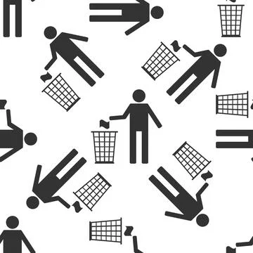 Recycle icon, man throwing trash into dustbin icon seamless pattern on white Stock Illustration