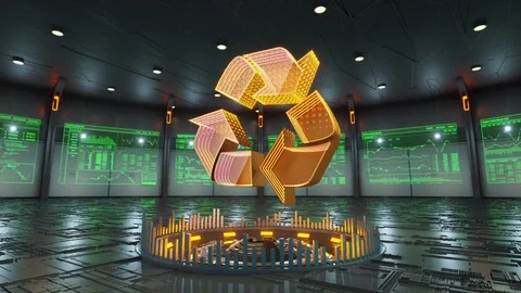 Recycle icon surrounded by data screens appears in the middle of hi-tech room Video stock 86874448