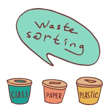 Recycle logo and Waste sorting text on white isolated backdrop. Illustrazione stock