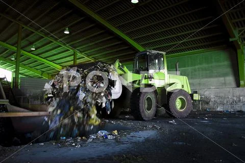 Recycle, overview of refuse collection with bulldozer Stock Photos