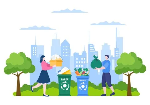 Recycle Process with Trash Organic, Paper or Plastic to Protect the Ecology E Illustrazione stock