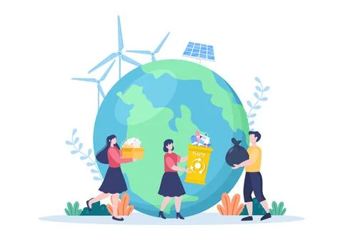 Recycle Process with Trash Organic, Paper or Plastic to Protect the Ecology E Illustrazione stock