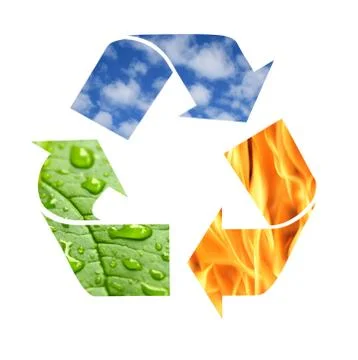Recycle symbol made from fire, clouds and green leaf with drops of water Stock Illustration