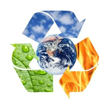 Recycle symbol made from fire, clouds and green leaf with drops of water Illustrazione stock