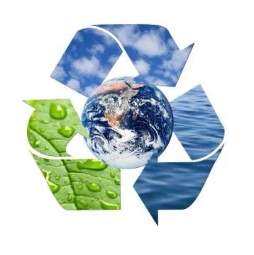 Recycle symbol made from waves, clouds and green leaf with drops of water iso Stock Illustration