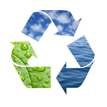 Recycle symbol made from waves, clouds and green leaf with drops of water iso Stock Photos