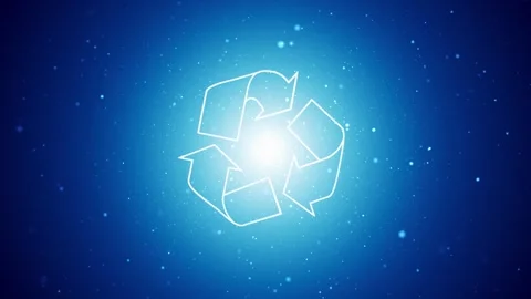 Recycle symbol rotation on a seamless looping shining blue glitter particles Stock Footage 341292969