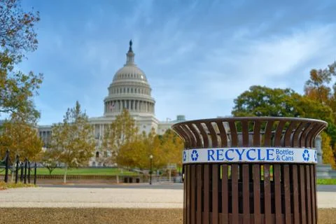 Recycle trash bin in front of the U.S. Capitol Building Stock Photos