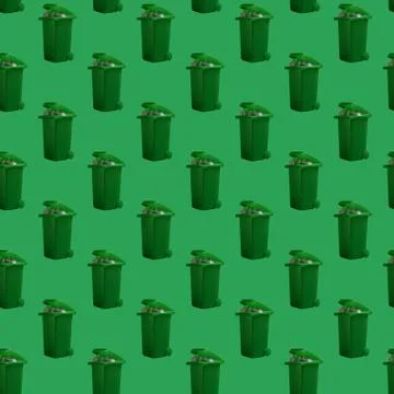 Recycle trash bin on green background monochrome seamless pattern. 스톡 사진