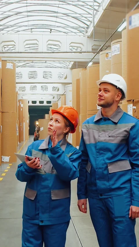 Recycled paper storage. Warehouse workers determine delivery dates of paper to Video stock 312041761