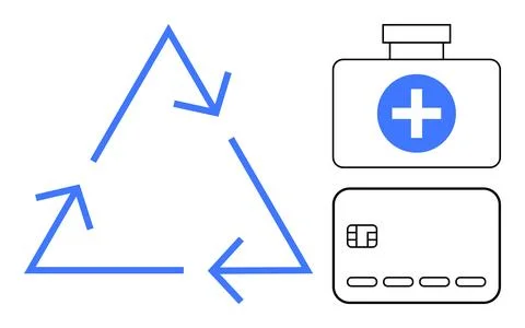 Recycling arrows form a triangle next to a first aid kit with a medical cross Illustrazione stock