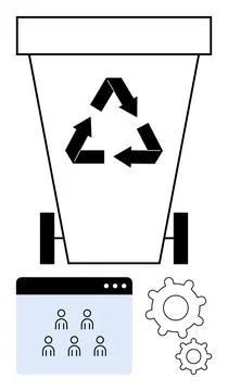 Recycling bin with arrows, browser window of users, and cogwheels. Ideal for  Stock Illustration