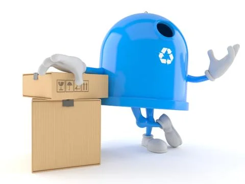 Recycling bin character with stack of boxes Ilustración de archivo