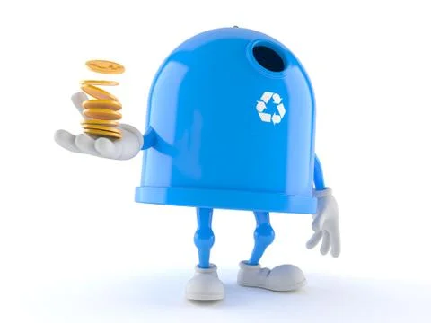 Recycling bin character with stack of coins 스톡 일러스트