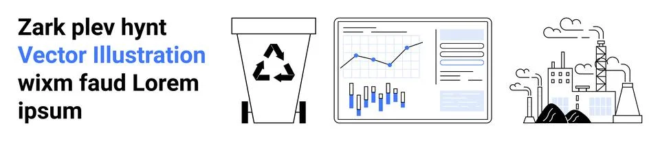 Recycling bin, data analysis dashboard with charts, smokestacks emitting poll Stock Illustration