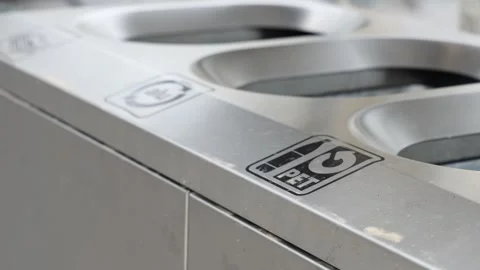 Recycling bin for PET plastic and aluminum, trash garbage can Stock Footage 270573374
