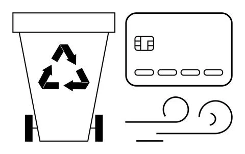 Recycling bin with recognizable recycling arrows, a card chip, and flowing li Stock Illustration