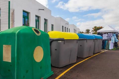Recycling bins for different waste types Stock Photos