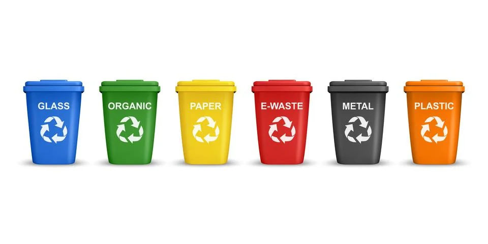Recycling Bins Set, 3d Vector Illustration. Glass Organic Paper E-Waste Metal Stock-Illustration