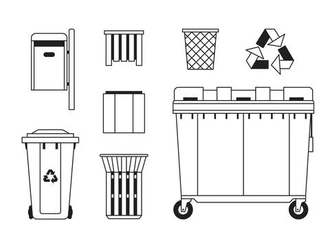 Recycling Cans and Garbage Containers in Line Art Stock Illustration