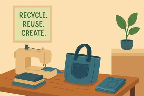 Recycling cloth, using sewing machine. sews a bag from jeans. reuse Illustrazione stock